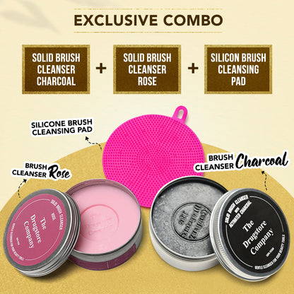 Exclusive Combo - Solid Brush Cleanser Charcoal + Solid Brush Cleanser Rose + Silicon Brush Cleansing Pad