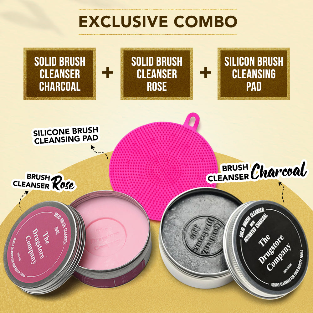 Exclusive Combo - Solid Brush Cleanser Charcoal + Solid Brush Cleanser Rose + Silicon Brush Cleansing Pad